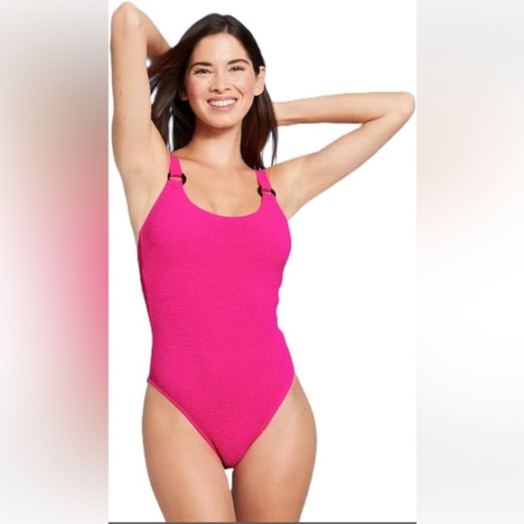 Shade & Shore Women's Square Neck Pucker High Leg hot Pink Swimsuit Size SM NWT - Picture 1 of 8